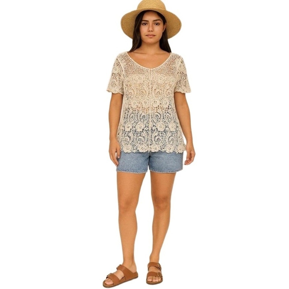 Vintage Lace Blouse Womens 1X Cream Floral Pattern Short Sleeved Top Cottagecore